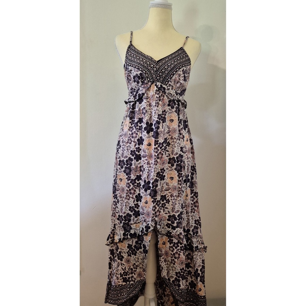 Angie Floral Maxi Dress High Low Ruffle Tie Back Festival Boho Whimsigoth Fairy